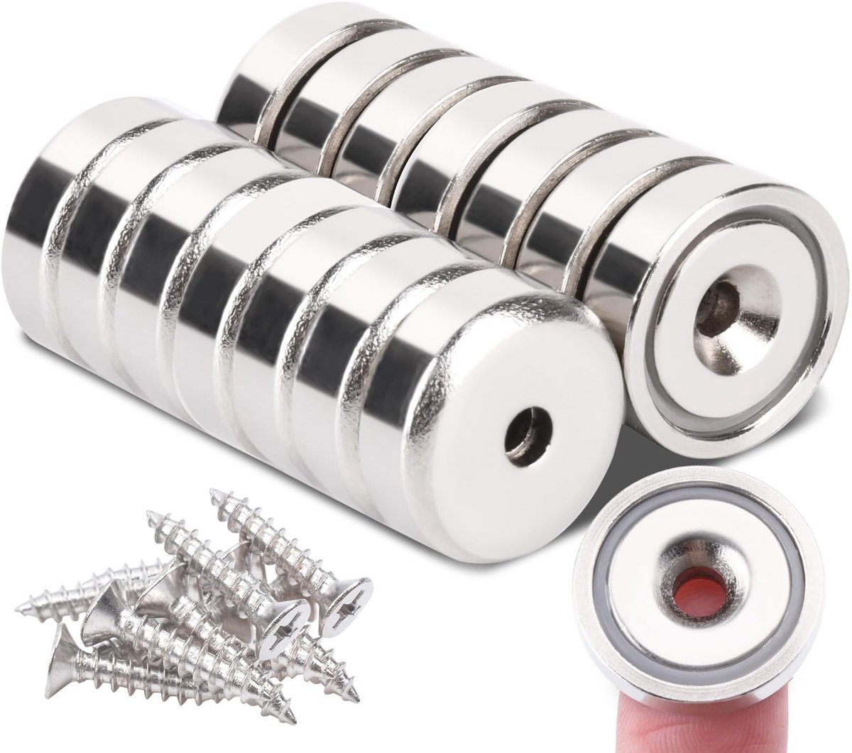 Dailygoods- Potmagneet Sterk 6 kg - Neodymium Magneten - Rond 16 mm - Met Gat voor Schroeven - Set van 14 Stuks - Werkplaatsinrichting
