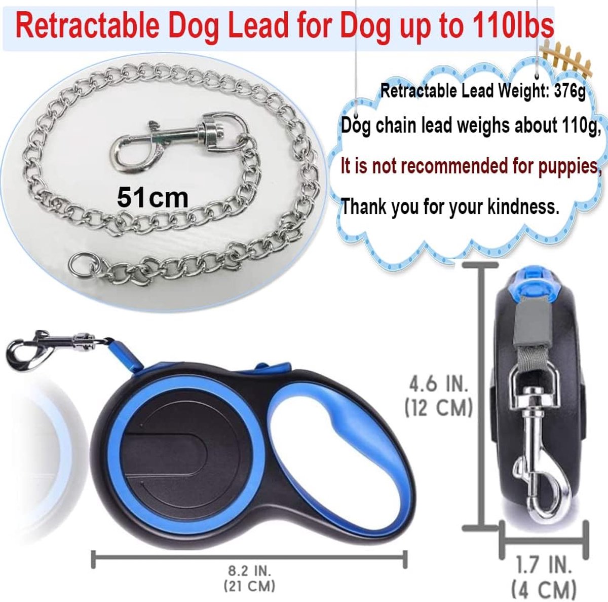 Thijox - Intrekbare hondenriem 5m voor middelgrote en grote honden, kauwbestendig nylon met anti-bijt hondenketting, zware tractie riem, ergonomisch h thumbnail 3
