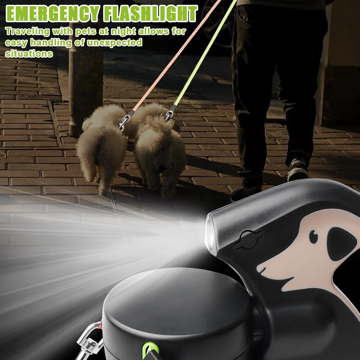 Thijox - Dubbele intrekbare hondenlijn met LED-licht, uittrekbare rollijn voor 2 honden, 3m Flexi hondenlijn, antislip handgreep met snelstopknop voor thumbnail 5
