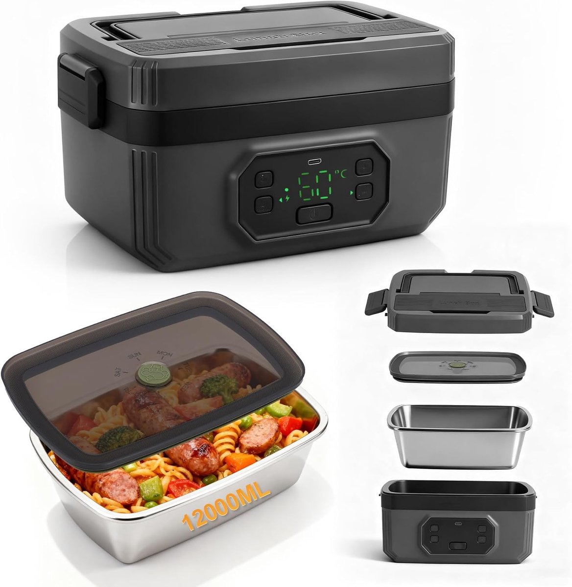 SnelShoppen - Elektrische Lunchbox 21000 mAh Draagbare Verwarmde Lunchdoos 1.2L RVS voor Volwassenen - Automatische Verwarming voor Werk, Camping en B