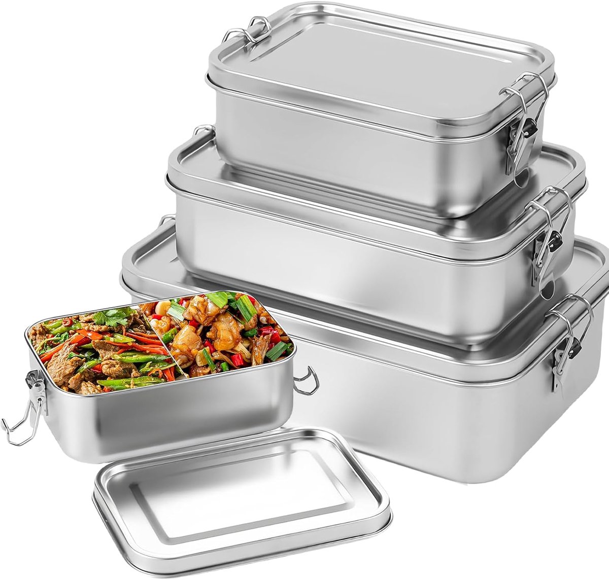 Thijox - Broodtrommel Set 3 Stuks Roestvrij Staal 850 ml, 1400 ml, 2400 ml - Lunchbox Met Vakken, Afneembare Snackbox, Ideaal Voor Kinderen, School, W