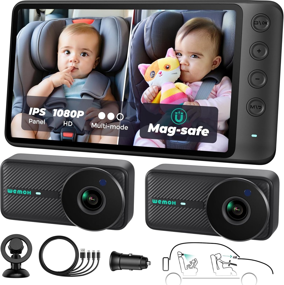 Thijox - Magnetische Dubbele Baby Autocamera voor Twee Kinderen, 1080P IPS-Scherm, Nachtzicht, USB-Aangedreven, 3 Modi (Zoom/Spiegel/Split) voor Veili