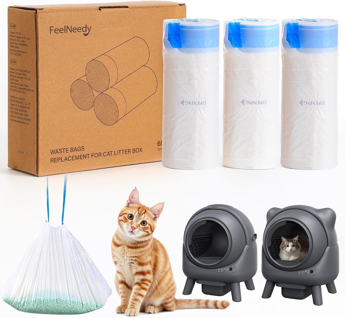 Thijox - 60 Vuilniszakken met Draaggreep voor Kattenbak - Zelfreinigend, Scheurvast, Vloeistofdicht - Duurzame Kattentoiletzakken met Trekkoorden - Id
