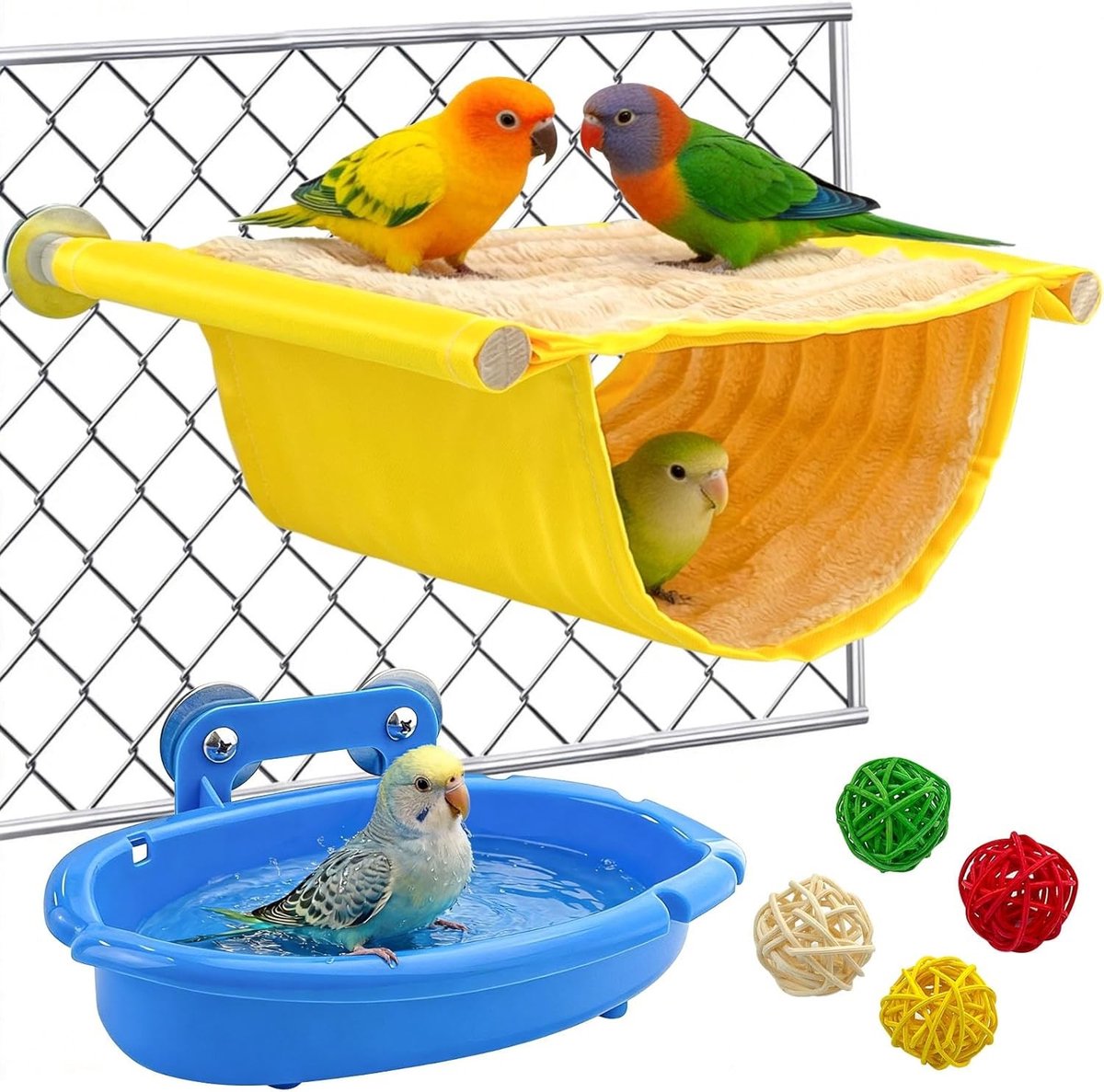 Stapelbed Vogelhangmat met Slaapplaatsen en Vogelbad voor Parkieten en Hamsters - Oranje