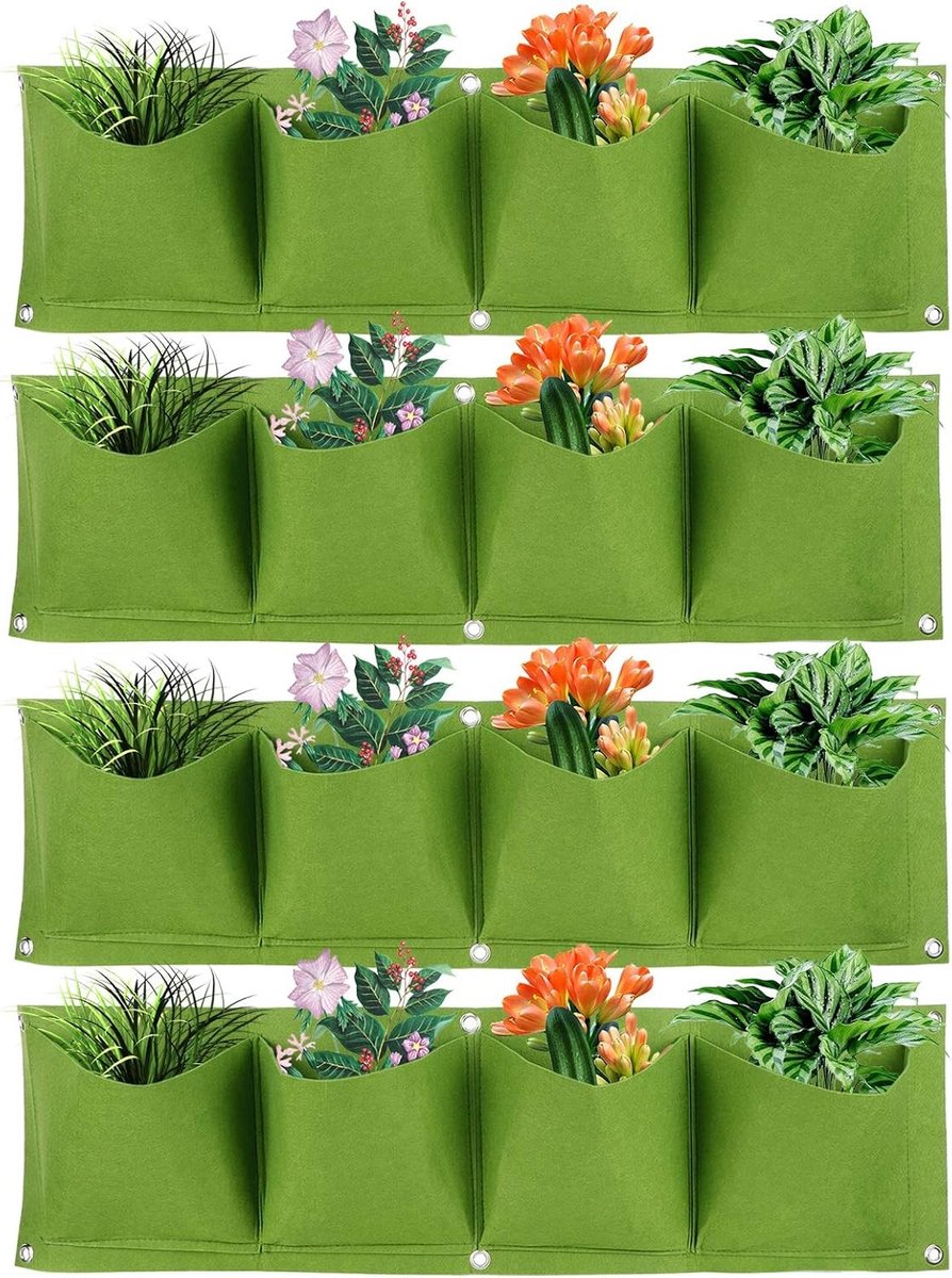 Verticale Wandtuin Planter met 4 Pocket Vilt - Herbruikbare Groentetas voor Bloemen en Groenten, Muurbevestiging, Ideaal voor Kleine Ruimtes