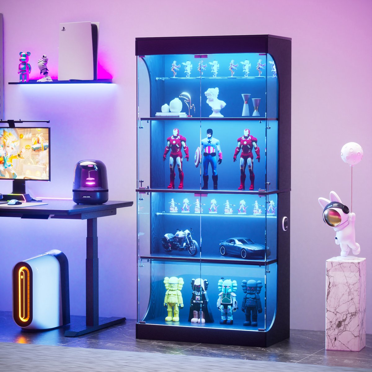 MIVRAY Vitrinekast - Vierlaagse Glasvitrine Met LED En Sensor - Voor Woonkamer Slaapkamer En Kantoor - Glas Zwart - 80x35x165 Cm