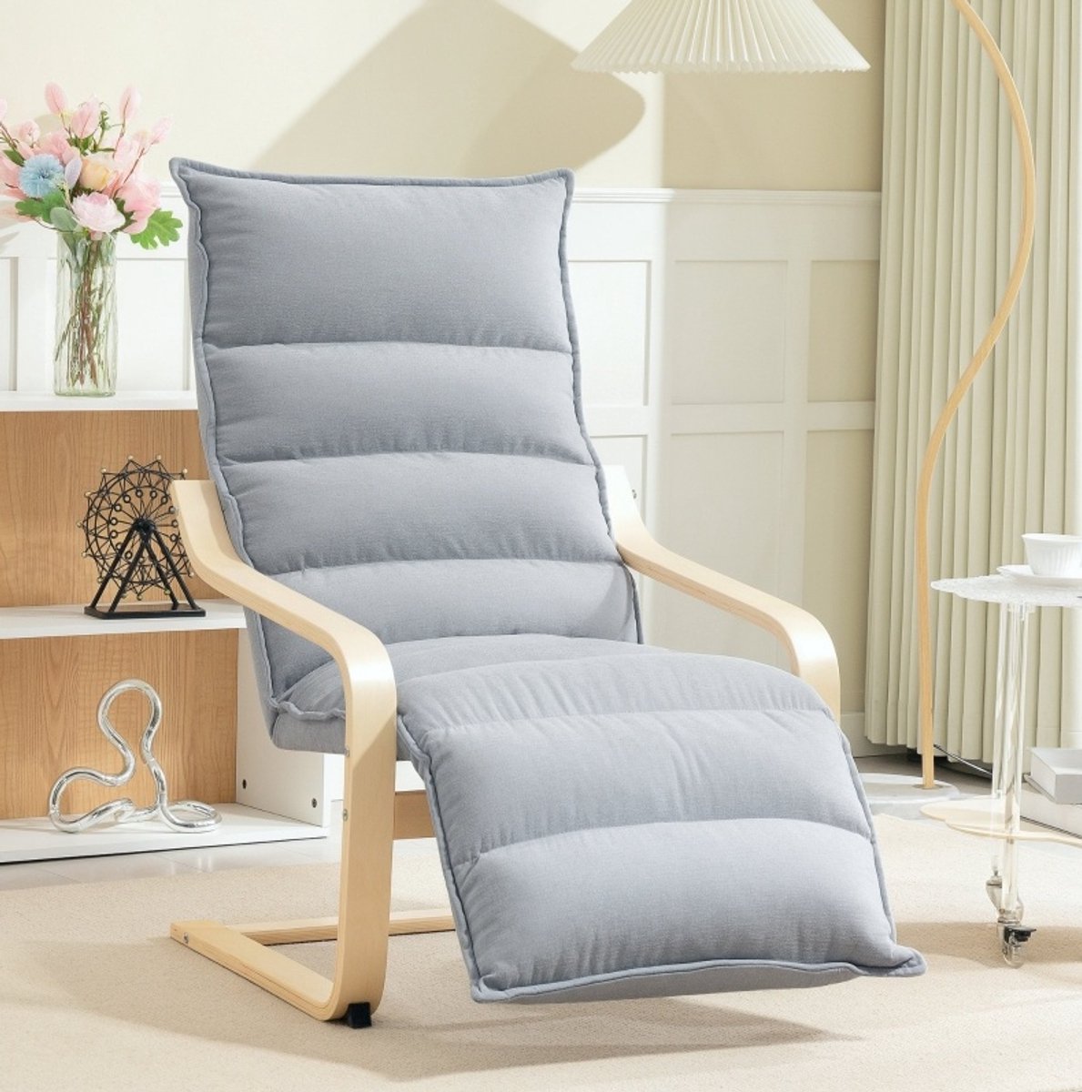 MEUNIQ relaxfauteuil met verstelbare voetensteun en armleuningen, schommelstoel voor woonkamer, velvet fauteuil met hoge rugleuning en 12 cm zitting, lichtgrijs