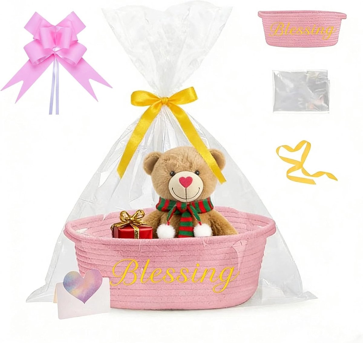 Lege geweven katoenen mand voor geschenken, opbergmand met handvat, ideaal voor feest, verjaardag en bruiloft, inclusief geschenkzakjes en linten, roze