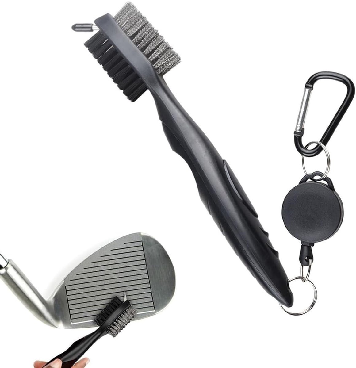 Golfclub borstel met clip en dubbele kop voor het reinigen van clubface en groeven, ideaal voor aan je golftas