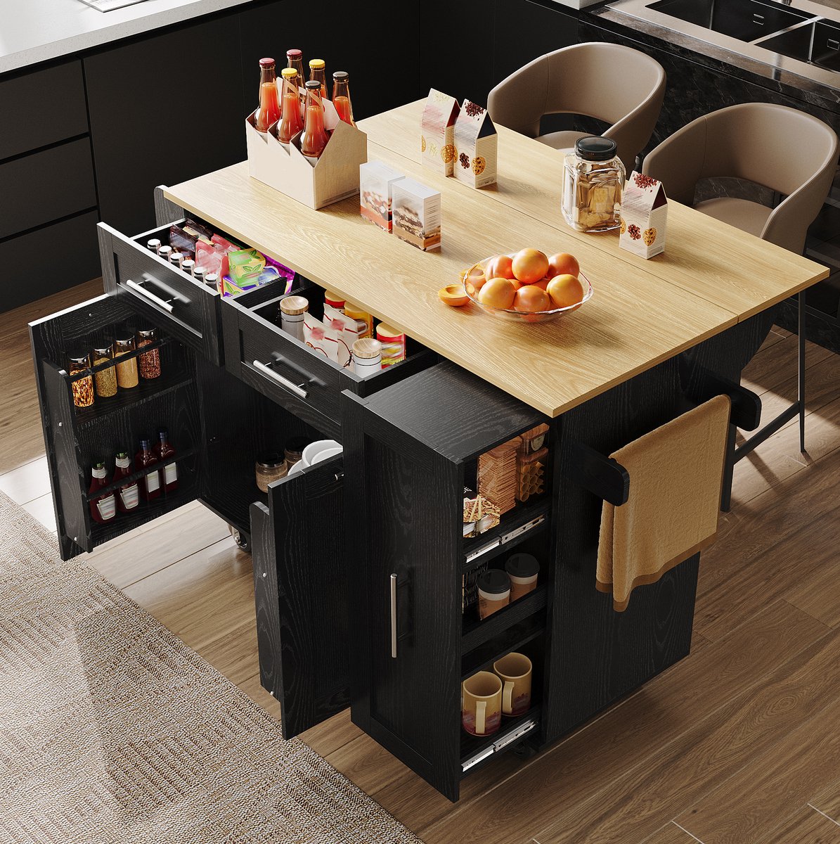 DESMIU Keukenkast - Keukeneiland Met Uitklapbaar Blad En Wielen - Opbergruimte Voor Keuken En Eethoek - MDF En Metaal - Zwart - 110x46x90,5 Cm