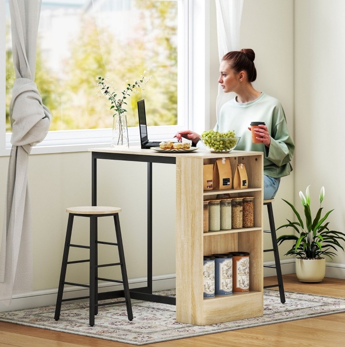 MEUNIQ bartafelset 3-delig 91 x 49 x 91 cm met 2 barhockers, opbergrek met 3 open vakken en verstelbare plank, bartafel voor keuken of eetkamer, zwart