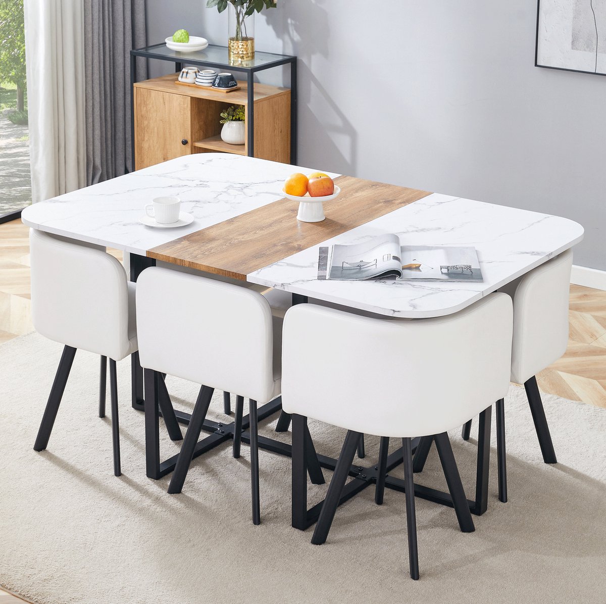 MIVRAY Eettafelset - Uitschuifbare Eettafel Met 6 Stoelen - Ruimtebesparend Voor Keuken En Eetkamer - Hout En Metaal - Wit Zwart