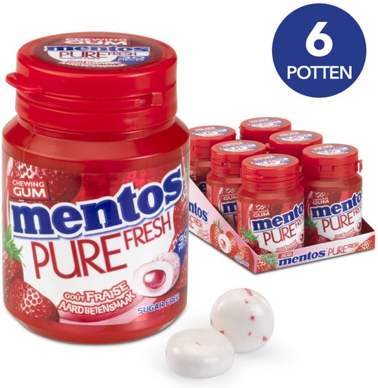Zes rode Mentos Pure Fresh kauwgomflessen in een display. Een fles is ernaast geplaatst met twee kauwgomstukjes.