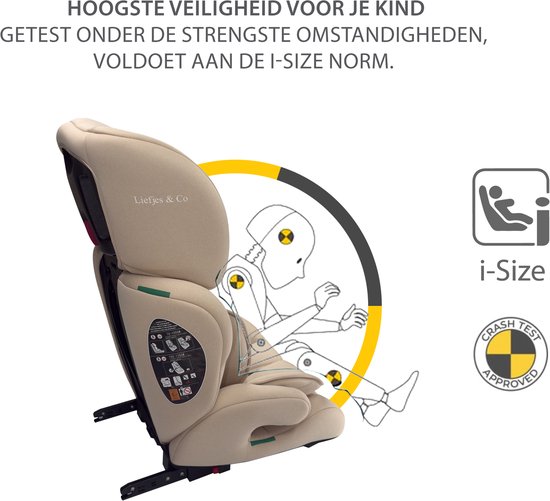 Liefjes & Co Varioseat Isofix Autostoel - i-Size - Groep 1/2/3 (76–150 cm) Memory Foam - Afstelbare hoofdsteun - Booster - Beige — afbeelding 2
