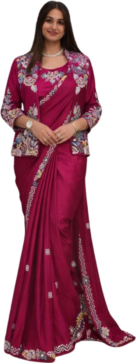 Simhera Threads Women's Fuchsia Pink Designer One Minute Saree -Mens and Womens Fashion-with Floral Embroidered Jacket