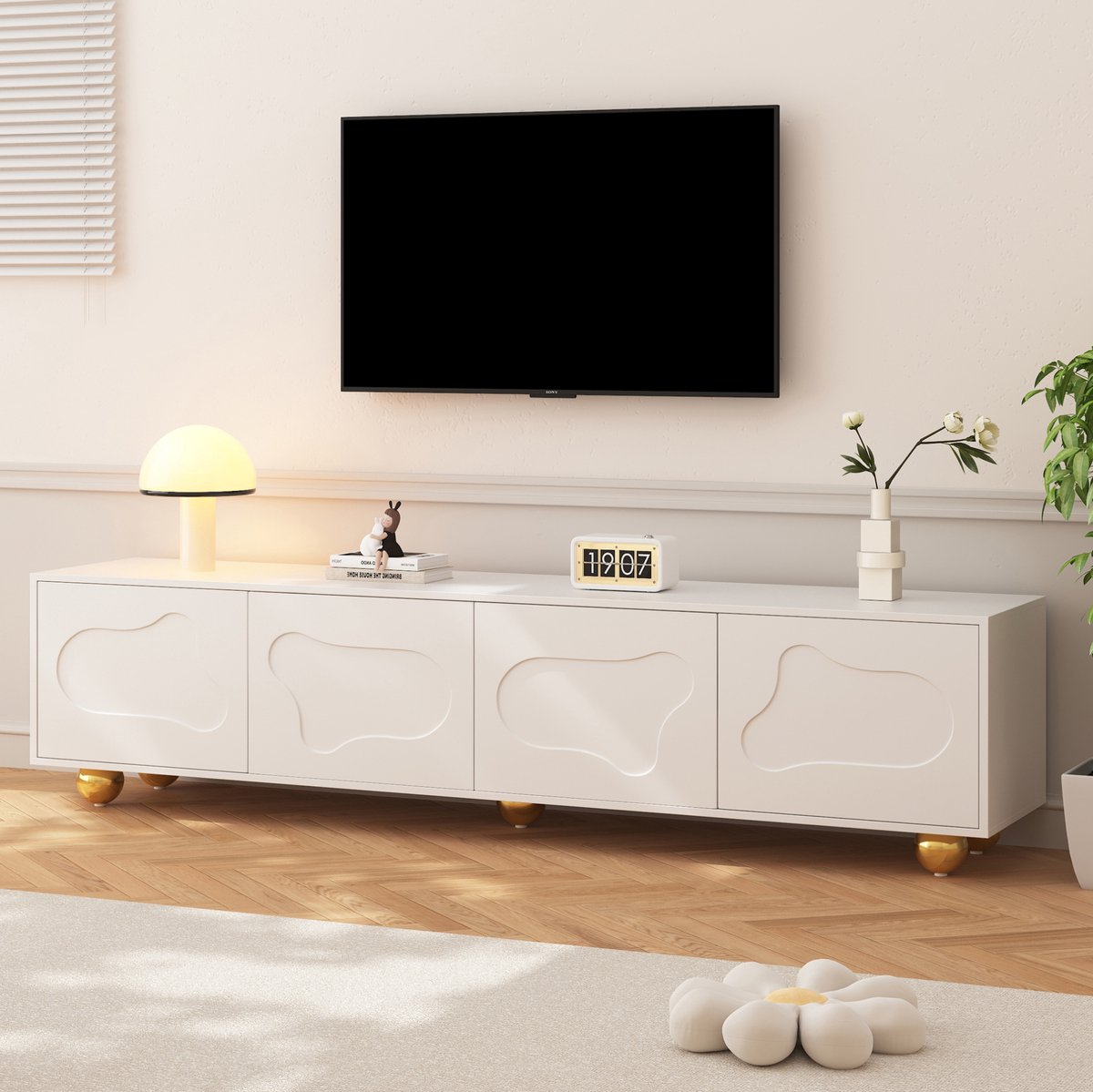 HAUSS SPOLE Halmeubel - Tv Meubel Met Wolkvormige Deuren En 4 Deuren - Voor Woonkamer - Spaanplaat En IJzer - 180x40x45 Cm - Wit