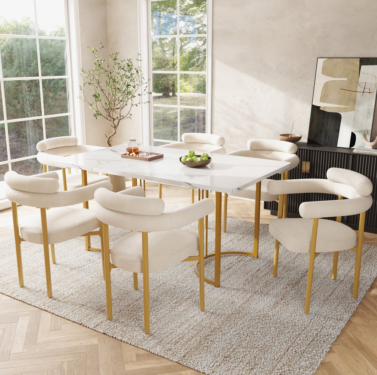MIVRAY Eetkamerstoel - Luxe Design Met Armleuningen - Set van 6 - Comfortabele Zitting Met Rugleuning - Voor Eetkamer, Woonkamer En Werkkamer - Stof Beige En Goud