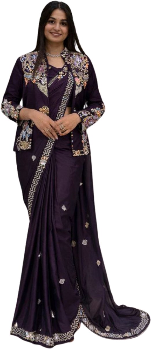 Simhera Threads Women's Deep Purple Designer One Minute Saree -Mens and Womens Fashion-with Floral Embroidered Jacket