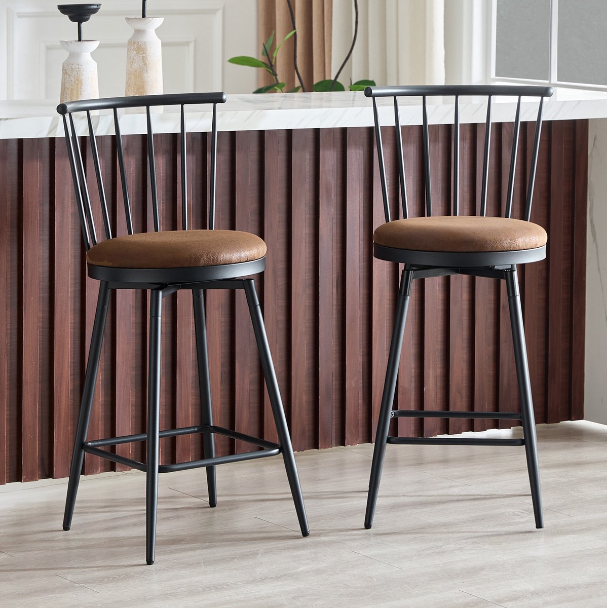Barkruk Set Van 2 - Windsor Stijl Met Gevoerde Zitting En Rugleuning - Voor Keuken Eiland Bar En Restaurant - Metaal Stof Bruin