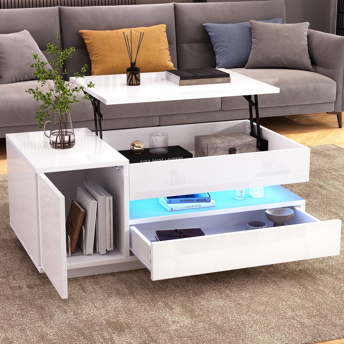 HAUSS SPOLE Salontafel - Verstelbaar Tafelblad Met Led En Lade - Verborgen Opbergruimte Voor Woonkamer - Spaanplaat - 95x50x40 Cm - Wit