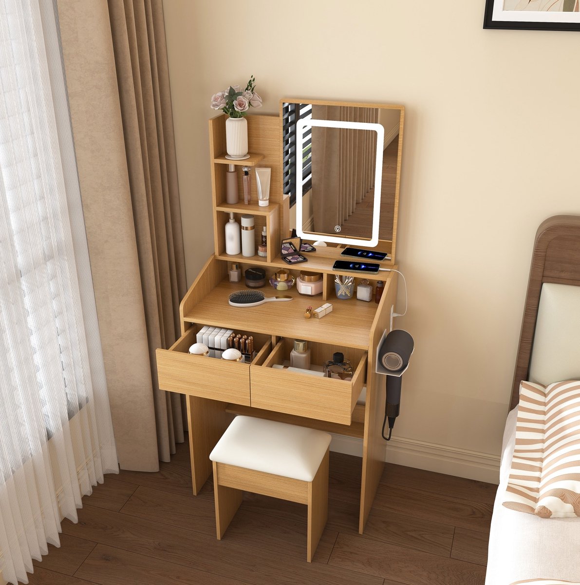 MIVRAY Kaptafel - Led Spiegel Met Stopcontact En Föhnhouder - Compact Voor Kleine Ruimtes - 60x36x130 Cm- MDF - Licht Hout Natuurlijk hout