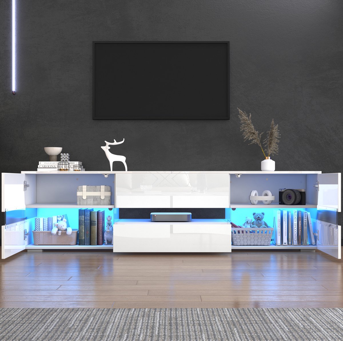 HAUSS SPOLE Dressoir - Tv Kast Met Led Verlichting En Hoogglans Front - Voor Woonkamer Met 2 Deuren En 1 Lade - Spaanplaat - 160x39x45 Cm - Wit