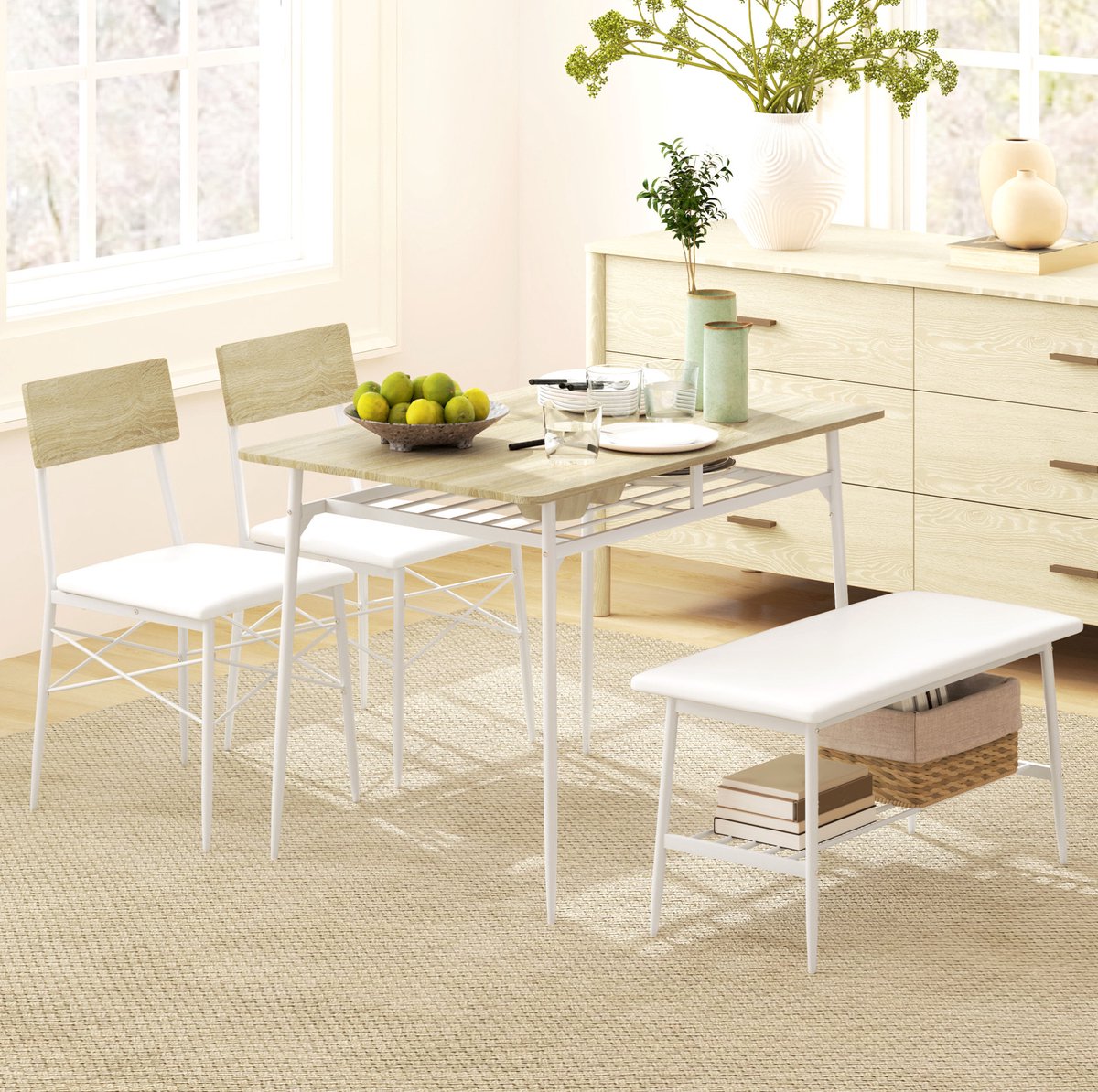 MEUNIQ eettafelset 4-delig met 2 stoelen en bank 110 x 70 cm, met opbergrekken onder tafel en bank, zitplaatsen met kunstleer, voor keuken en eetkamer, eiken en wit