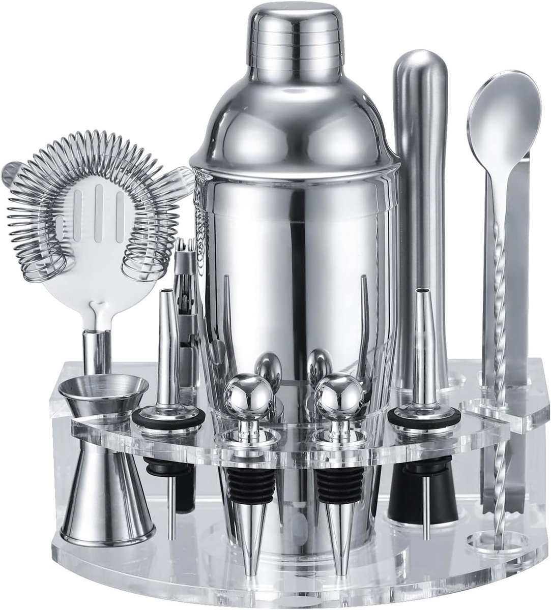 Thijox - Cocktail Shaker Set met Acryl Standaard, 12-Delige Barkeeperset van Roestvrijstaal, Professionele Baraccessoires voor Cocktails, Cadeau voor