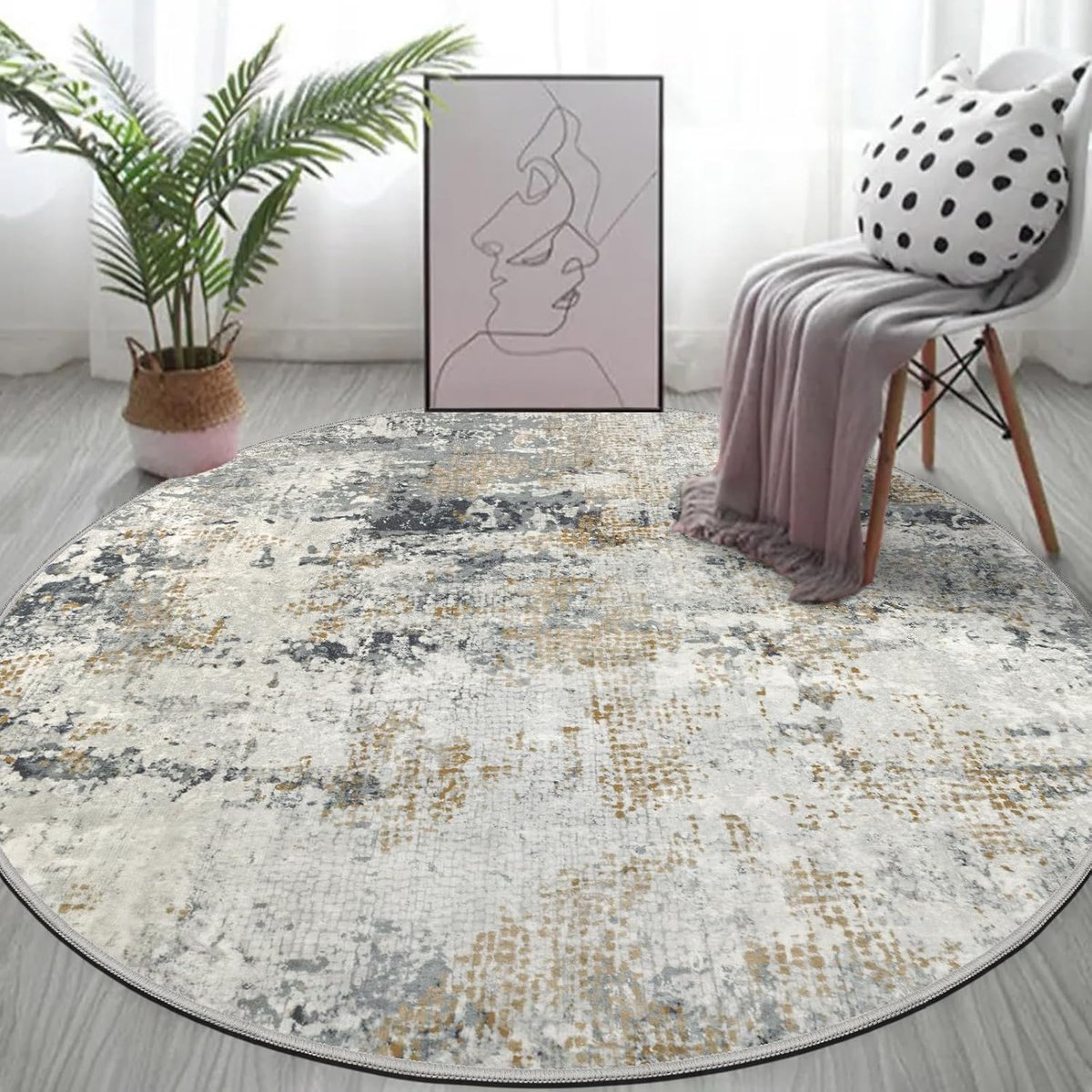 Thijox - Modern Hoogpolig Rond Tapijt Grijs Goud 135 cm - Antislip, Zacht en Wasbaar - Ideaal voor Woonkamer, Slaapkamer en Studeerkamer