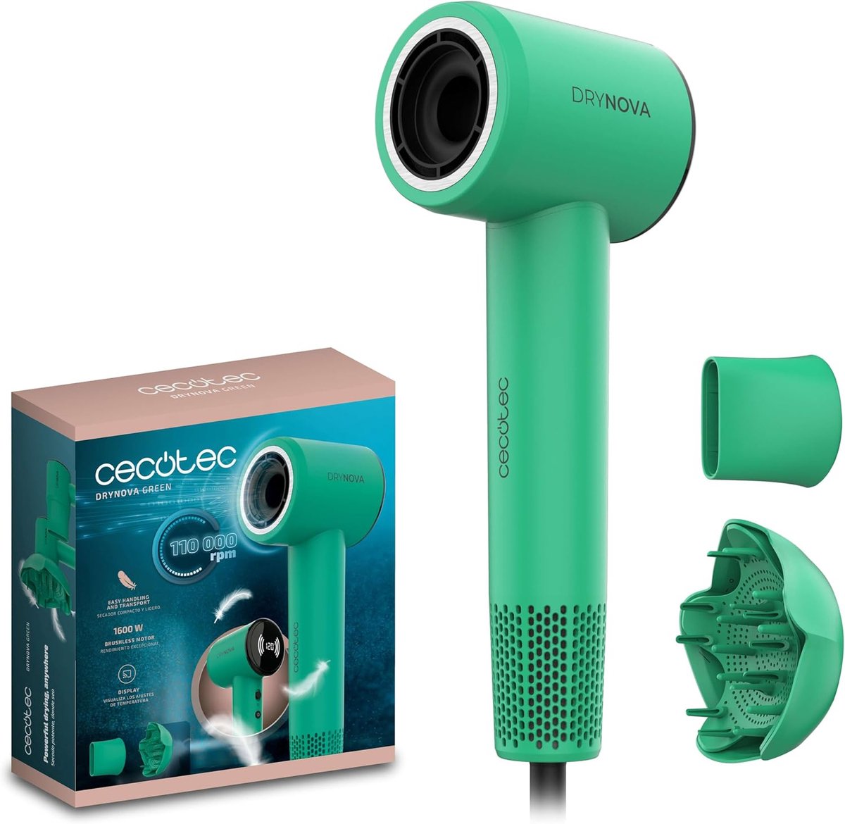 SnelShoppen - Compacte en Lichte Haardroger 1600W met Borstelloze Motor, 110.000 omw/min, Stil en Duurzaam, 4 Temperatuurinstellingen, Diffuser en Con