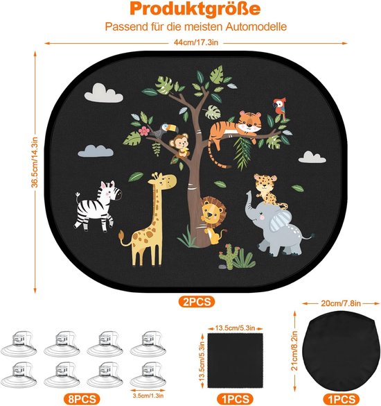 SnelShoppen - Set van 2 zonweringen voor auto baby met UV-bescherming, 44 x 36,5 cm autoruit zonneklep voor kinderen met 8 zuignappen en schattige bos van Snelshoppen — afbeelding 5