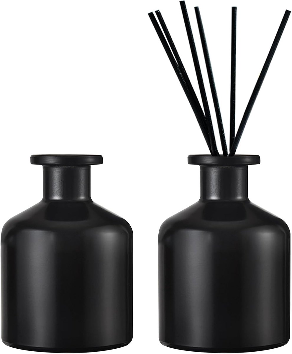Thijox - 2 Glazen Diffusorfles van 200 ml, Ronde Zwarte Flessen voor Etherische Olie, Perfect voor Thuis, Badkamer en Ontspanning