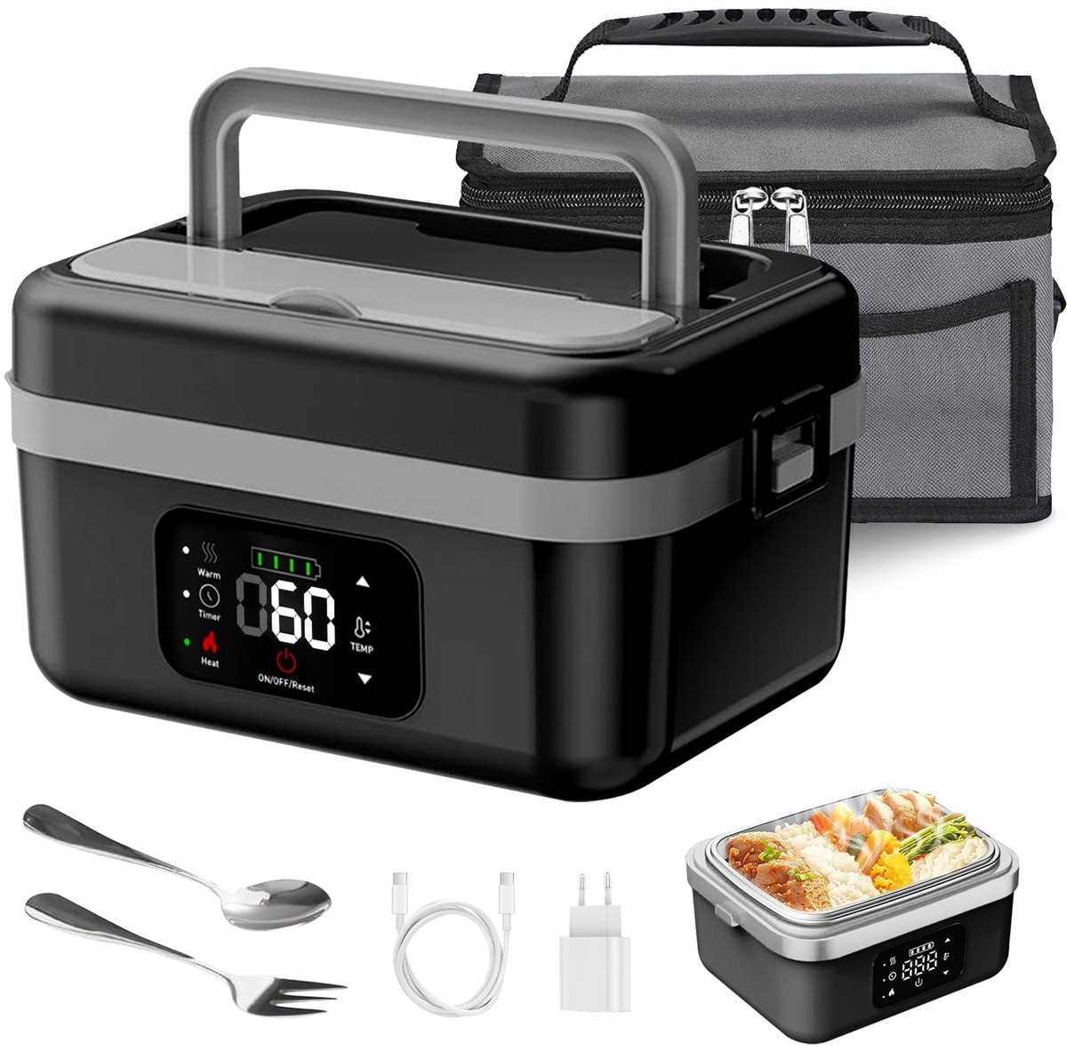 Dailygoods - Elektrische lunchbox - Oplaadbare zelfverwarmende box - Draagbare verwarmde lunchbox - 1 liter - Lekvrije voedselwarmer - Geschikt voor v...