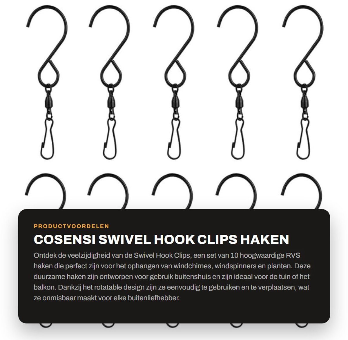 Dailygoods- Haak 10 Stuks - RVS S-Haken - Rotatable Haak - 360 Graden Draaibaar - Voor Windgong en Planten - Maximaal 1.4kg Belastbaar - Haakjes