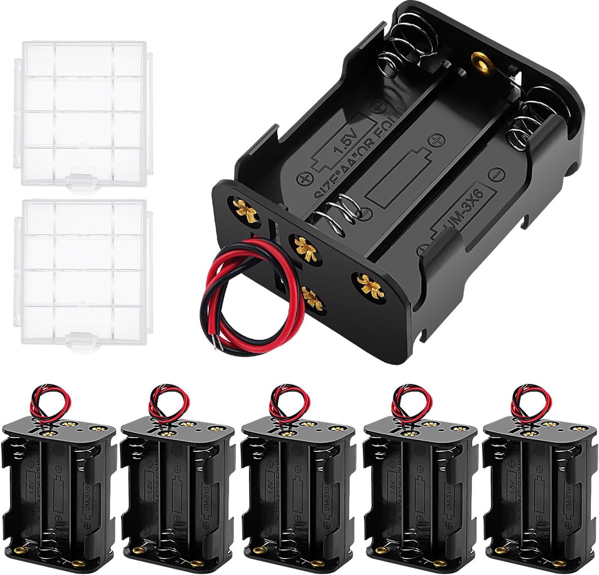 Thijox - 6 Stuks AA Batterijhouder 9V, Dubbele Zijden Batterij Box met Draad, Kunststof ABS, Inclusief 2 Plastic Batterij Opbergdozen voor Feest, Camp
