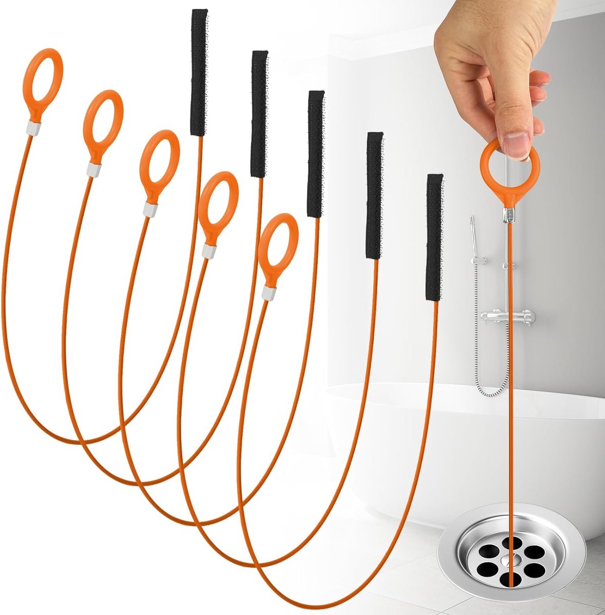 SnelShoppen - HOTUT Afvoer Ontstopper Set 5-delig - RVS Haarverwijderingskit voor Afvoeren, Wasbakken, Douches, 82cm, Oranje, Stevig en Duurzaam