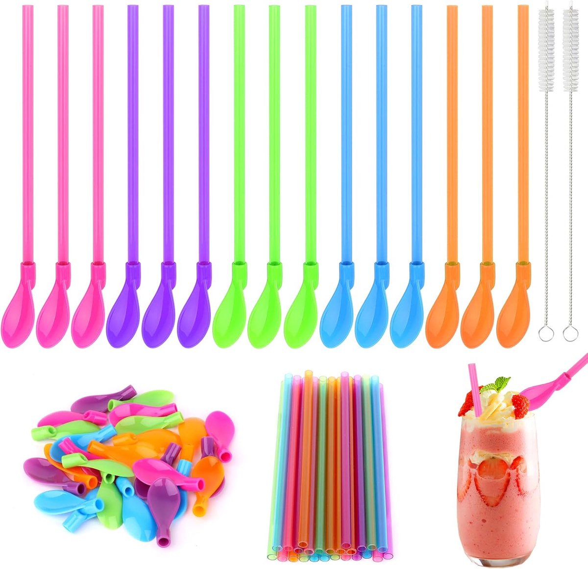 Thijox - 25 stuks Rietjes met Lepel, Herbruikbare 2-in-1 Slush-Rietjes voor Smoothies, Milkshakes, Cocktails, Paars, Groen, Blauw, Oranje, Roze, Inclu