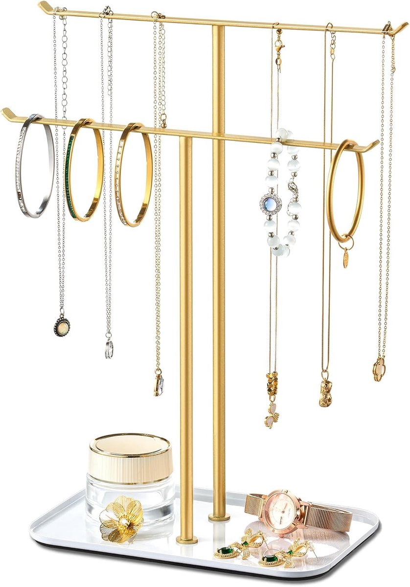 Thijox - Sieradenstandaard, Sieradenhouder met Fluwelen Lade voor Kettingen, Armbanden, Oorbellen en Ringen, Goudkleurig Metalen Frame, Perfect Cadeau