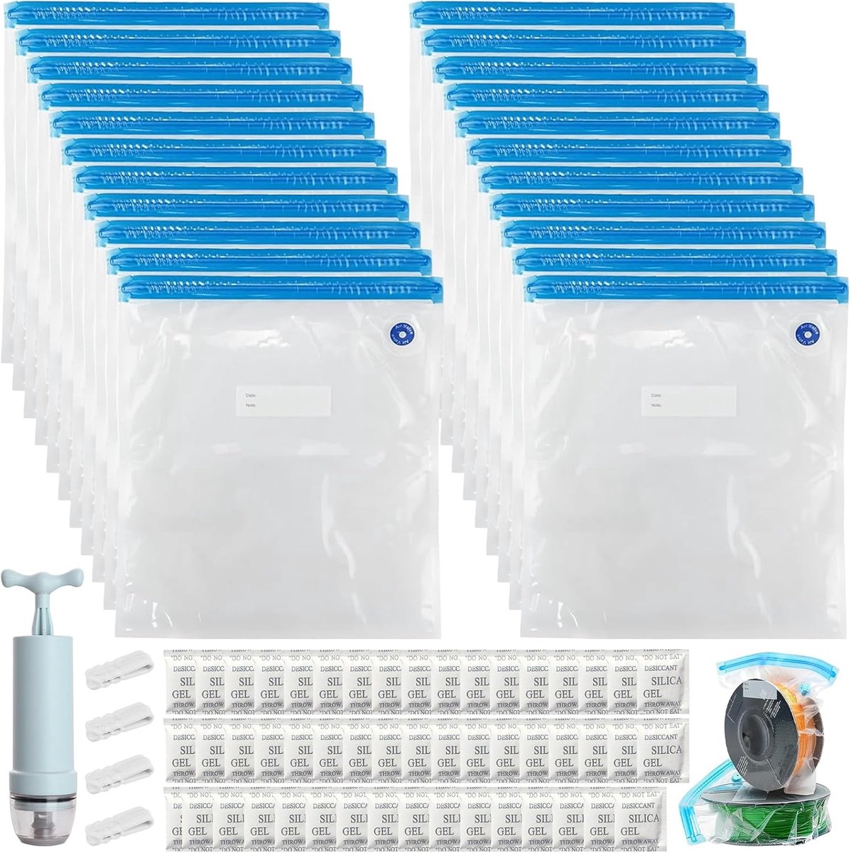 Thijox - 22 Stuks Vacuümzakken voor Filament, Filamentzakken met 50 Vochtwerende Middelen, 4 Afdichtclips en 1 Handpomp, Voor PLA ABS PETG TPU Opslag