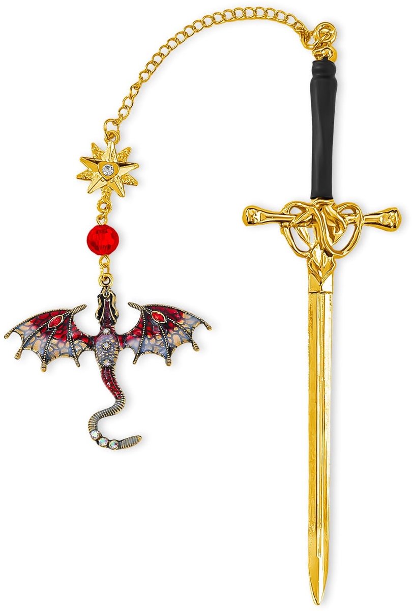 Dailygoods - Drakenbladwijzer - Vintage metalen zwaardbladwijzer met kwastje, gotische boekenmarker voor lezers, perfect cadeau voor boekenliefhebbers, studenten en docenten (rood)