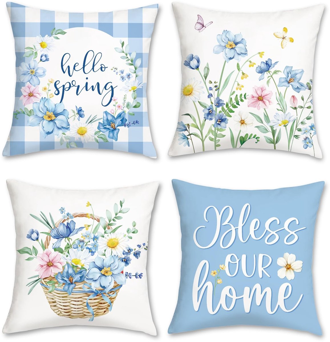 Dailygoods- Sierkussen Slopen Lente Bloemen - Kussenhoezen 45 x 45 - Set van 4 - Zachte Korte Pluche - Verborgen Ritssluiting - Decoratieve Kussenslopen