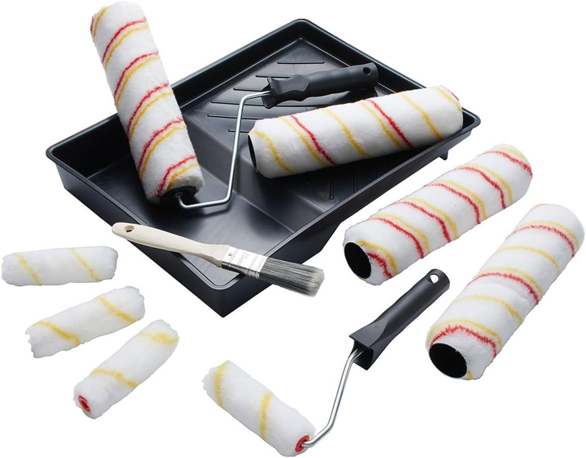 SnelShoppen - 12-delige Emulsie Roller Set met 4 x 225 mm en 4 x Mini Verfrollers, 25 mm Kwast, Verftray en Medium Pool Hoogte voor Muren en Plafonds