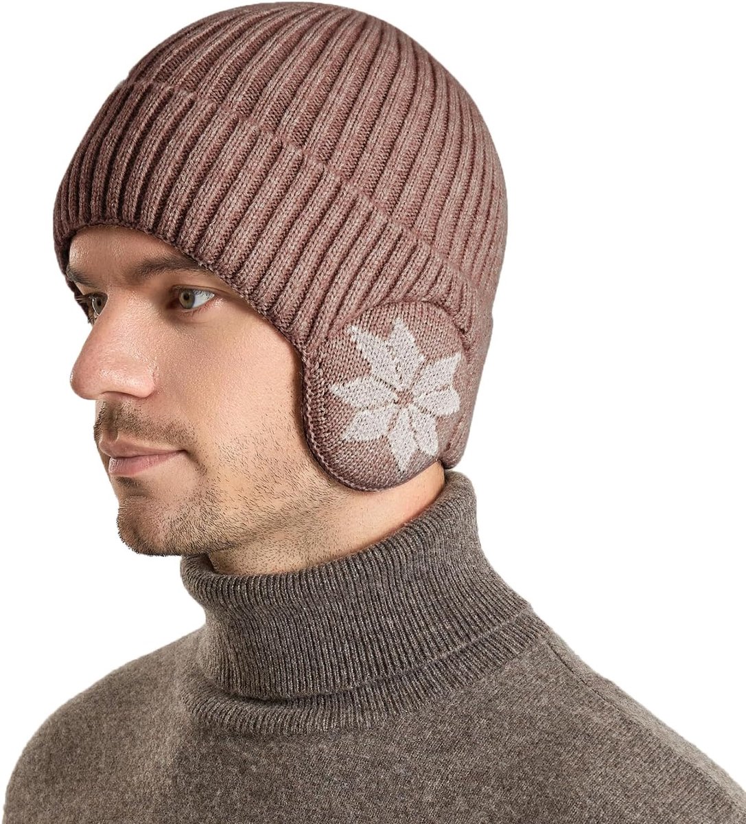 Gebreide mannen muts met oorflappen - warme elastische beanie - pluche dik voor koude bescherming - SnelShoppen
