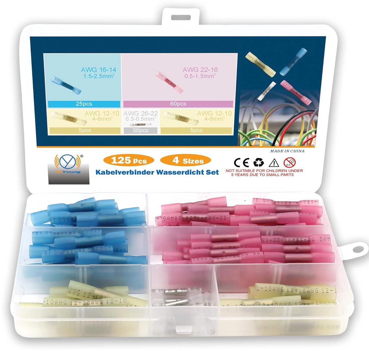 Thijox - 125 Stuks Krimpkous Stootverbinders Set, Waterdichte Geïsoleerde Elektrische Draadconnectoren, 10-26 AWG, 4 Maten, Ideaal voor Elektrisch Wer
