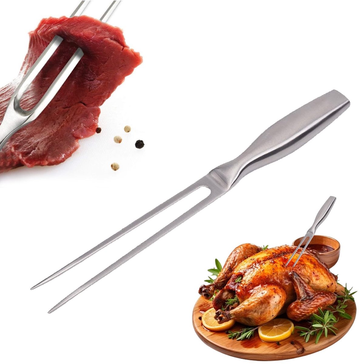 Dailygoods - Vleesvork roestvrij staal, grillvork met houten handvat, 27 cm, niet gemakkelijk te buigen, met ergonomische handgreep, ideaal voor grillen en trancheren