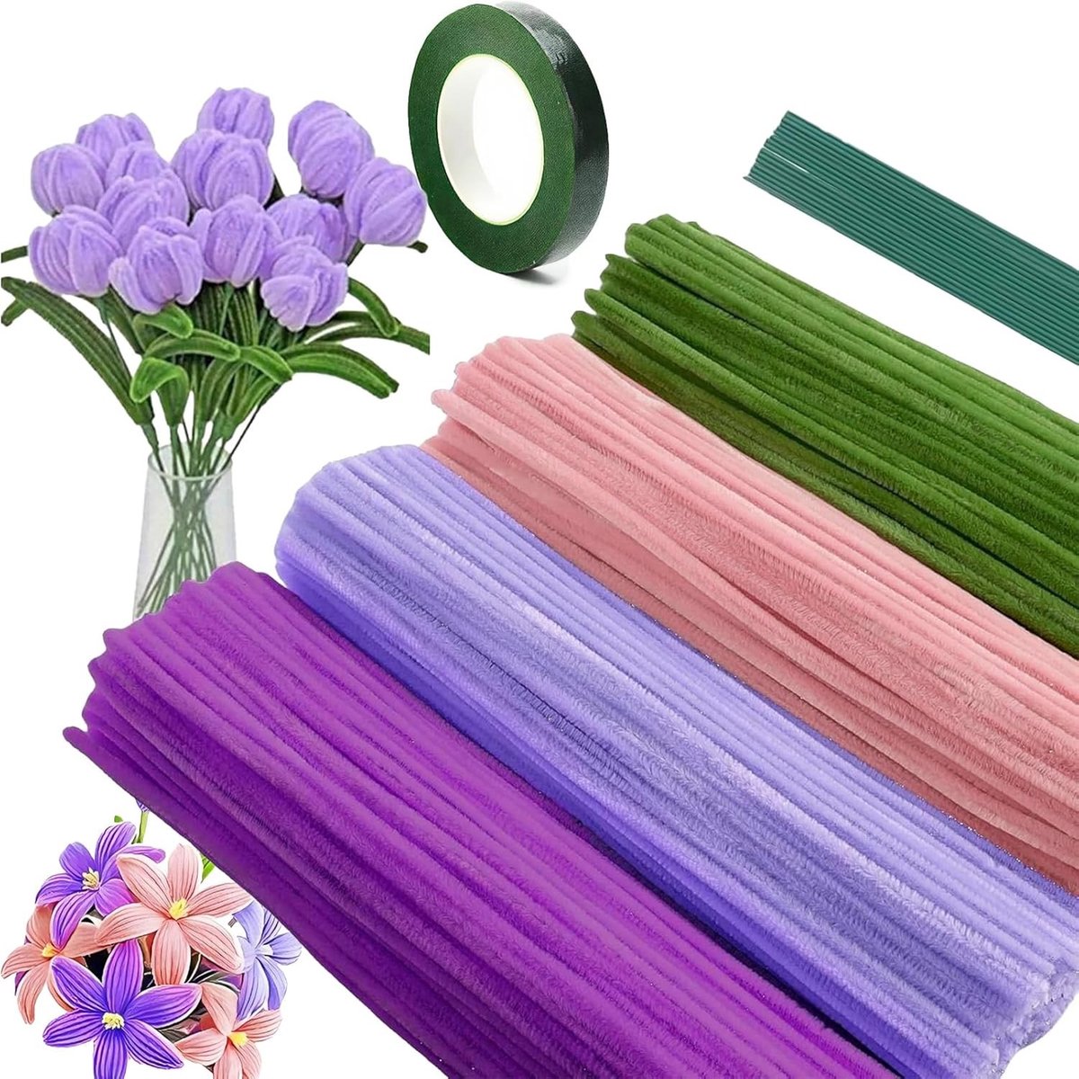 Creatieve Pijpenragers voor Ambachten - 400 Stuks in 4 Kleuren, Inclusief Cadeaulint en Bloemen Set voor DIY Creaties en Decoraties