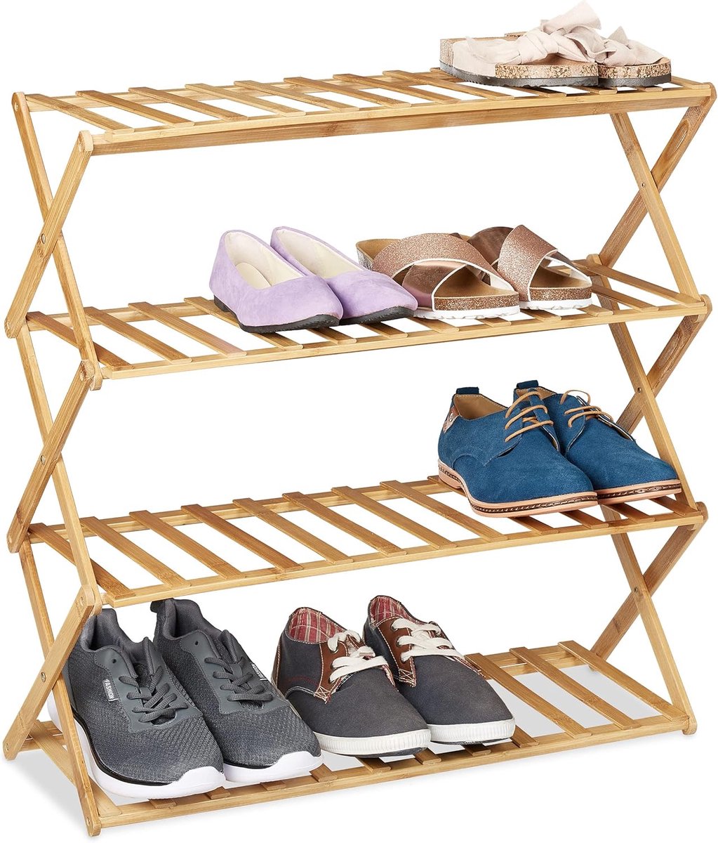 Thijox - Uitschuifbaar Schoenenrek Bamboe, 4 Etages voor 12 Paar Schoenen, Compact en Stijlvol voor Hal, Gang en Camping - HBD 68x67x26 cm