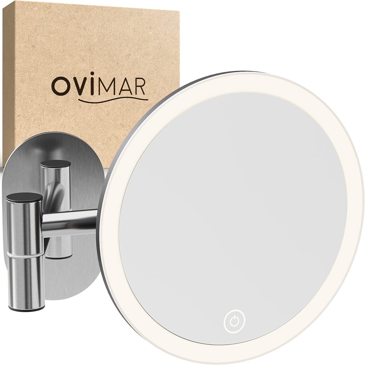 Thijox - Ovimar Cosmeticaspiegel Vorupor Zilver met Verlichting | Oplaadbaar | Wandmontage zonder Boren | 5x Vergrotende Make-up Spiegel met 360 Grade