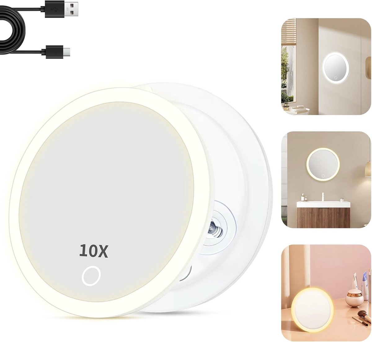 Vergrotingsspiegel 10x met verlichting - rond - wandspiegel - ideaal voor make-up - SnelShoppen