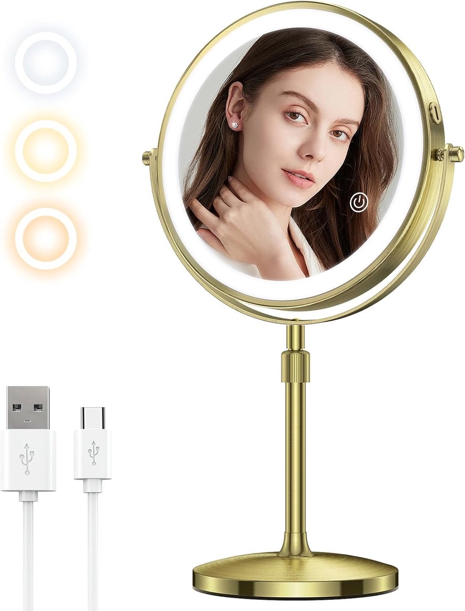 Thijox - 8'' Make-up Spiegel met Verlichting, Oplaadbare Dubbelzijdige 1X 10X Vergrootspiegel, In Hoogte Verstelbaar, 3 Kleuren LED, Aanraaksensor Dim